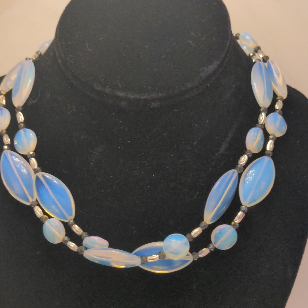 New Opaline Necklace, 34" Long, Wear Doubled Or Long, Statement Pastel Blue Glow